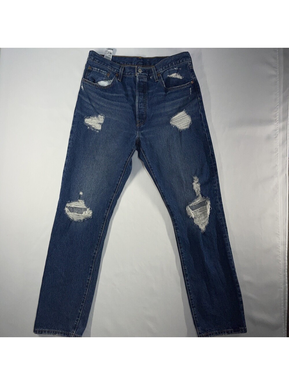 Levis 501 Jeans Mens 32X32 Blue Regular Fit Button Fly Stretch Distressed Denim